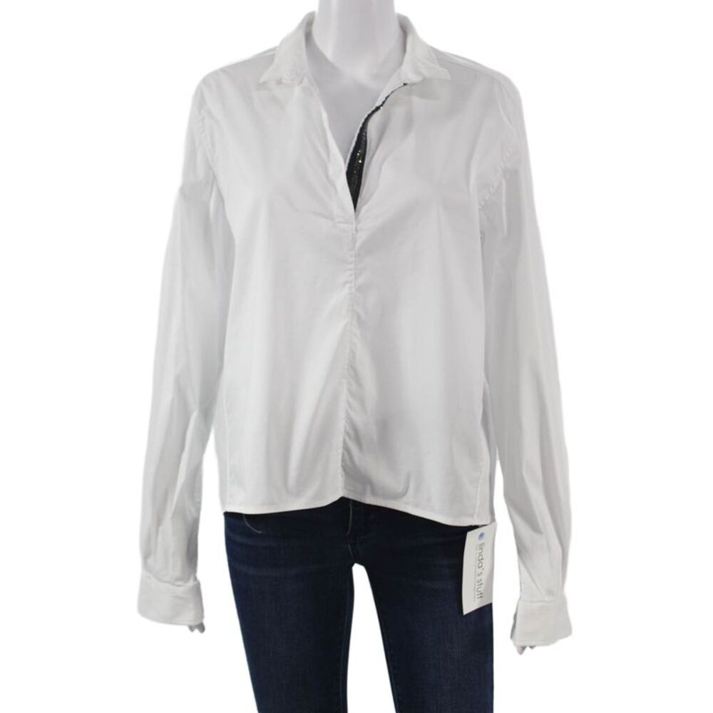 ELEVENTY Womens Basic Collared Cotton Long Sleeve Blouse White Size 8